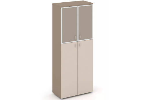 Шкаф высокий широкий (2 полки под стеклом лакобель), цвет латте + капучино