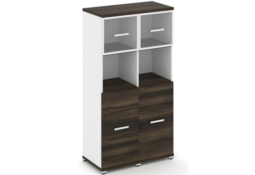 Шкаф две узкие секции 4 ниши (2 фасада ЛДСП, 2 ниши + 2 фасада стекло прозрачное в раме, 1 ниша) Динен, цвет дуб мали-белый