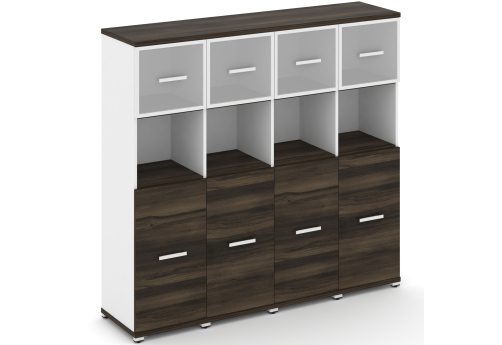 Шкаф четыре узкие секции 4 ниши (4 фасада ЛДСП, 2 ниши + 4 фасада стекло белое матовое в раме 1 ниша) Динен, цвет дуб мали-белый