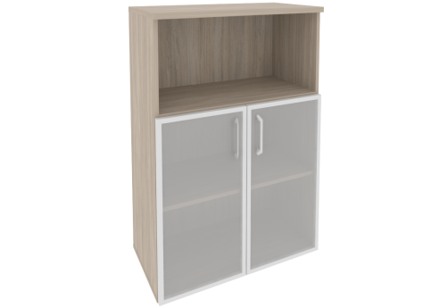 Шкаф средний широкий (1 открытая полка и 2 полки под стеклом в раме), цвет дуб аттик