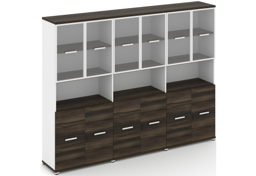 Шкаф три широкие секции 5 ниш (6 фасадов ЛДСП, 2 ниши + 6 фасадов стекло прозрачное в раме, 2 ниши) Динен, цвет дуб мали-белый