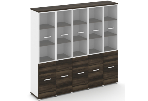 Шкаф пять узких секций 5 ниш (5 фасадов ЛДСП, 2 ниши + 5 фасадов стекло прозрачное в раме, 3 ниши) Динен, цвет дуб мали-белый