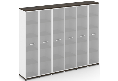 Шкаф шесть узких секций 5 ниш (6 фасадов стекло белое матовое в раме, 5 ниш) Динен, цвет дуб мали-белый