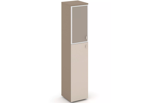 Шкаф высокий узкий левый (2 полки под стеклом лакобель), цвет латте + капучино