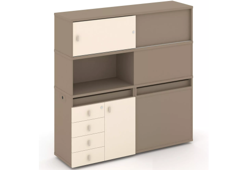 Тумба двойная с надставкой высокой (набор №31, вариант 2), цвет латте + сатин