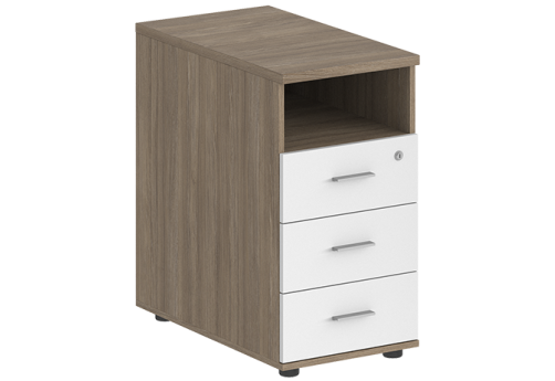 Тумба приставная с 3 ящиками (метабокс) и нишей с замком без топа Индиго Вуд, цвет дуб темный + белый