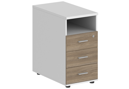 Тумба приставная с 3 ящиками (метабокс) и нишей с замком без топа Индиго Вуд, цвет белый + дуб темный