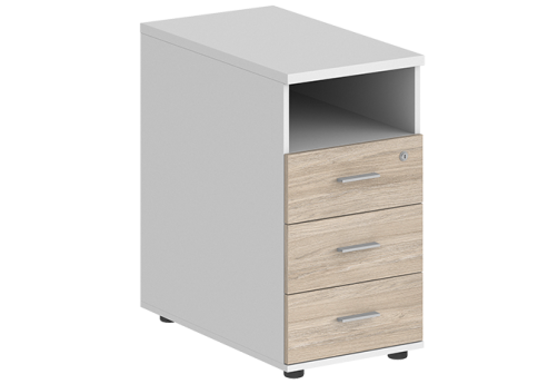 Тумба приставная с 3 ящиками и нишей с замком без топа Индиго Вуд, цвет белый + дуб светлый