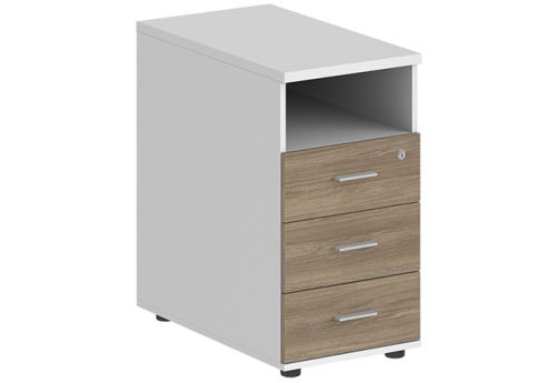 Тумба приставная с 3 ящиками (метабокс) и нишей с замком без топа Индиго Вуд, цвет белый + дуб темный