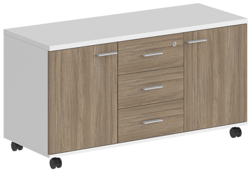 Тумба сервисная с 3 ящиками с замком и 2 фасадами Индиго Вуд, цвет белый + дуб темный