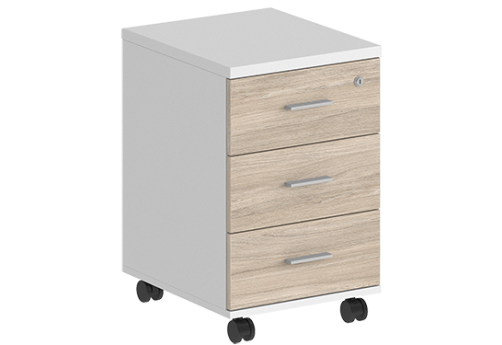 Тумба мобильная с 3 ящиками и центральным замком Индиго Вуд, цвет белый + дуб светлый
