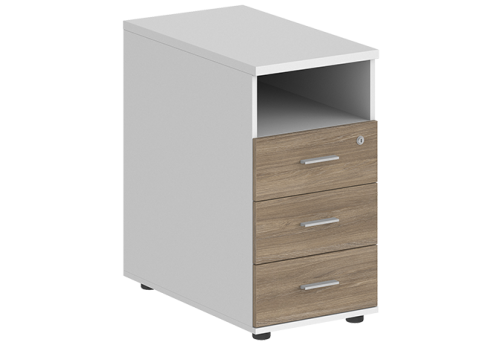 Тумба приставная с 3 ящиками (метабокс) и нишей с замком без топа Индиго Вуд, цвет белый + дуб темный