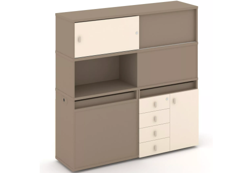 Тумба двойная с надставкой высокой (набор №31, вариант 1), цвет латте + сатин