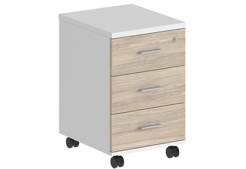 Тумба мобильная с 3 ящиками (метабокс) и замком Индиго Вуд, цвет белый + дуб светлый