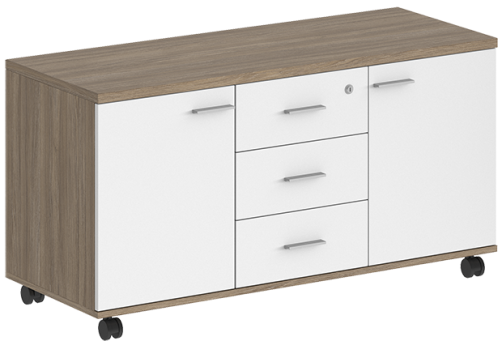 Тумба сервисная с 3 ящиками (метабокс) с замком и 2 фасадами Индиго Вуд, цвет дуб темный + белый