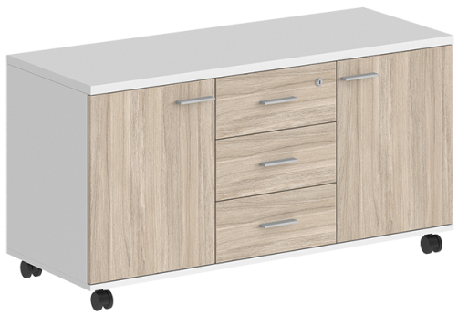 Тумба сервисная с 3 ящиками (метабокс) с замком и 2 фасадами Индиго Вуд, цвет белый + дуб светлый