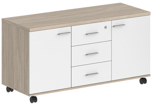 Тумба сервисная с 3 ящиками с замком и 2 фасадами Индиго Вуд, цвет дуб светлый + белый