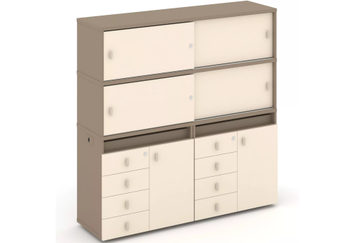 Тумба двойная с надставкой высокой (набор №5, вариант 1), цвет латте + сатин