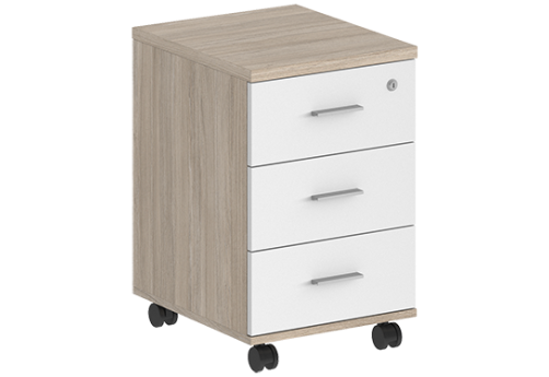 Тумба мобильная с 3 ящиками (метабокс) и замком Индиго Вуд, цвет дуб светлый + белый