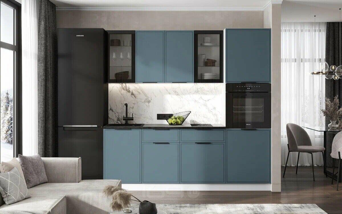 Кухонный гарнитур Николь Браш Блю/Белый 2140x2200x600 (Кастилло темный)