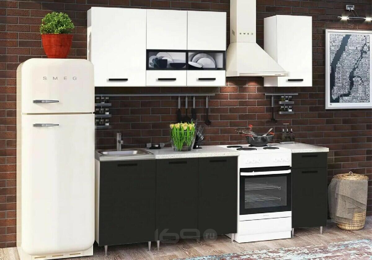 Кухонный гарнитур Рио Черный, Белый глянец/Белый 2138x1700x600 (Антарес)