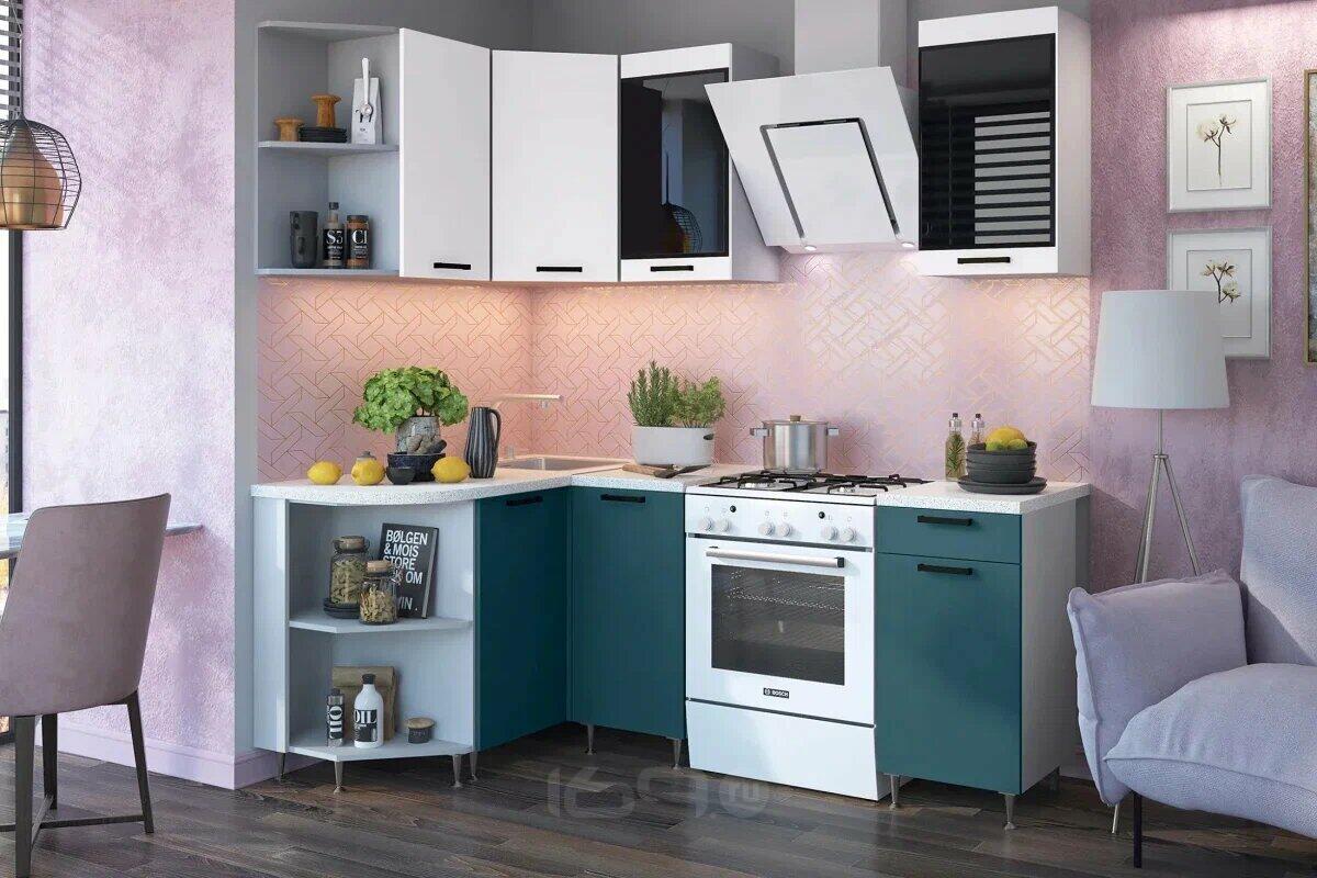 Кухонный гарнитур Техно Белый снег софт, Атлантик софт/Белый 2170x1400/1300x600 (Антарес)