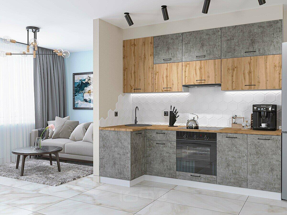 Модульный кухонный гарнитур Флэт-04 Temple Stone 2S, Wotan Oak 2S/Белый 2340x1000/2500x600