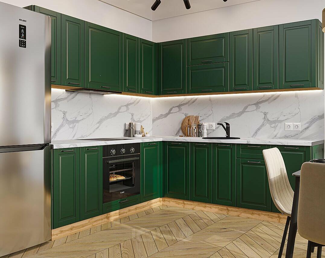 Модульный кухонный гарнитур Дублин-02 Special Green/Дуб Вотан 2140x2200/2400x600
