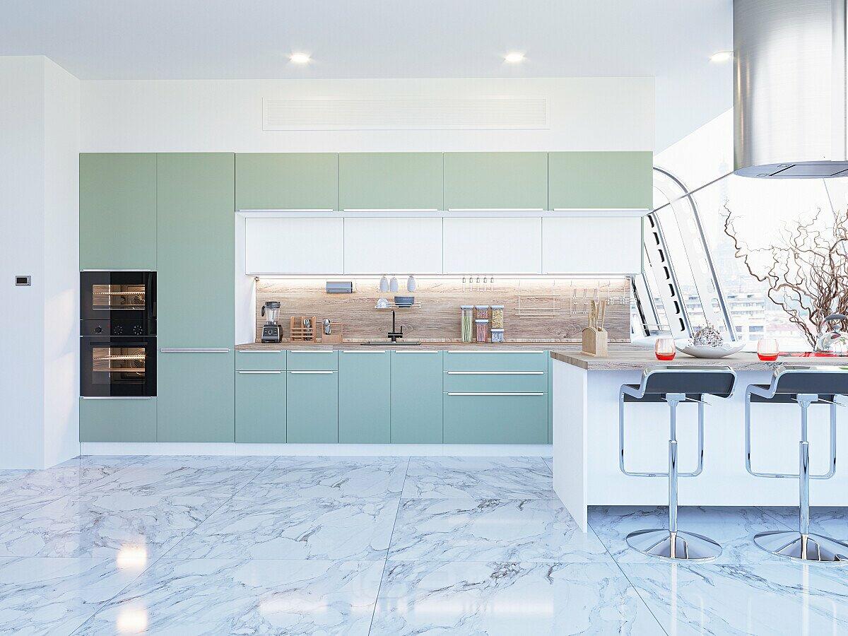 Модульный кухонный гарнитур Фьюжн-02 Silky Mint, Silky White/Белый 2140x4400x600