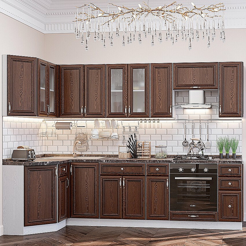 Модульный кухонный гарнитур Шале-03 Brown Dreamline/Белый 2140x1200/2790x600