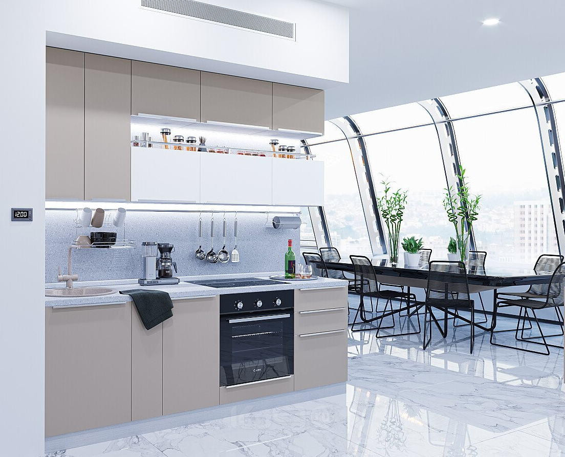 Модульный кухонный гарнитур Фьюжн-01 Silky White, Silky Grey/Белый 2340x2300x600