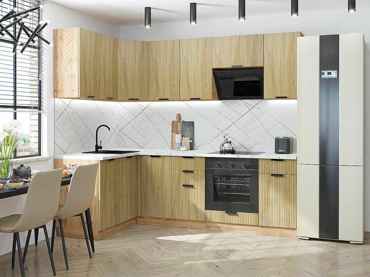 Модульный кухонный гарнитур Евро Дуб песочный/Дуб Вотан 2140x1400/2400x600
