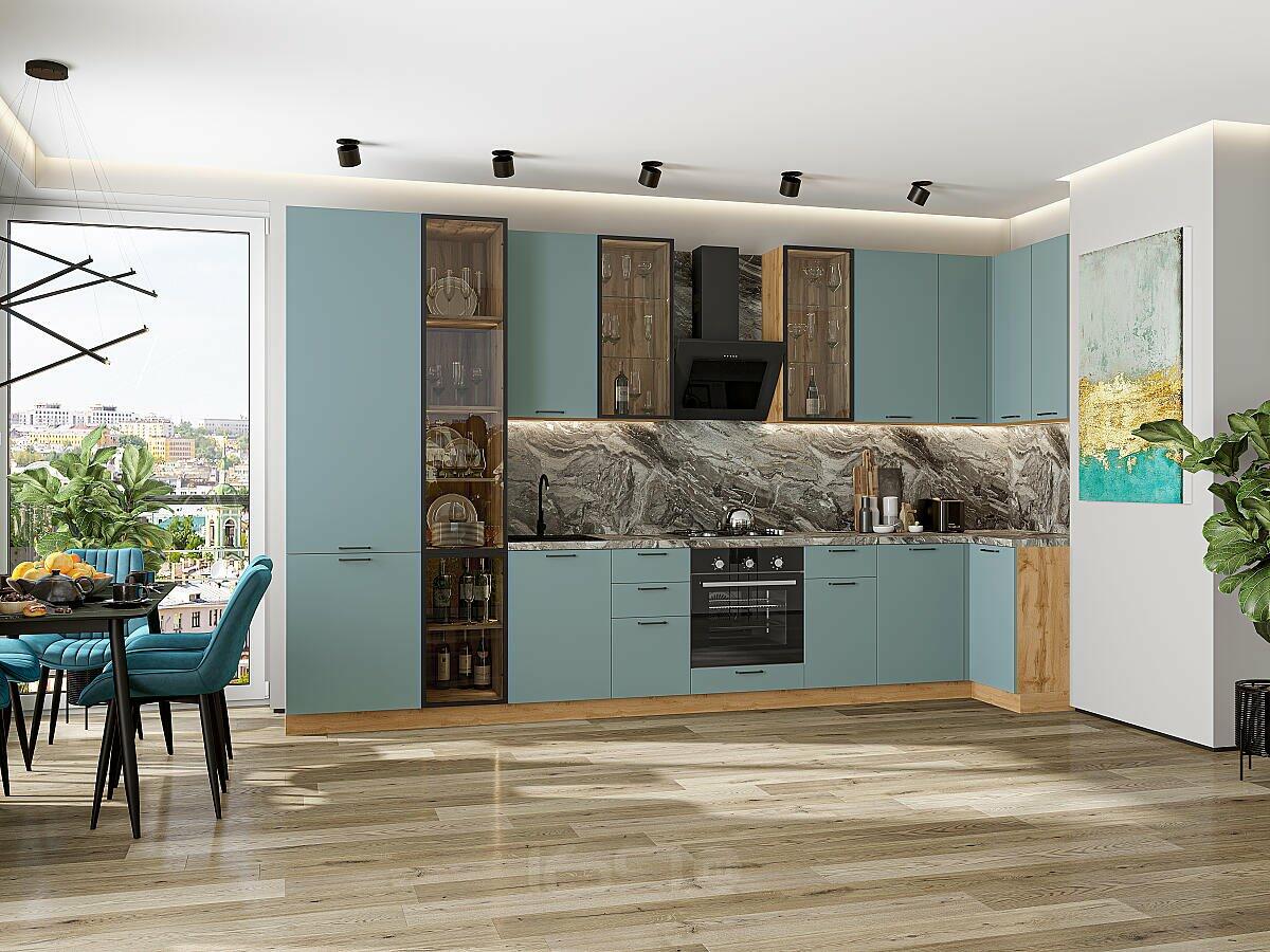 Модульный кухонный гарнитур Grey-green In 2S/Дуб Вотан 2340x4000/1000x600 Полки стекло
