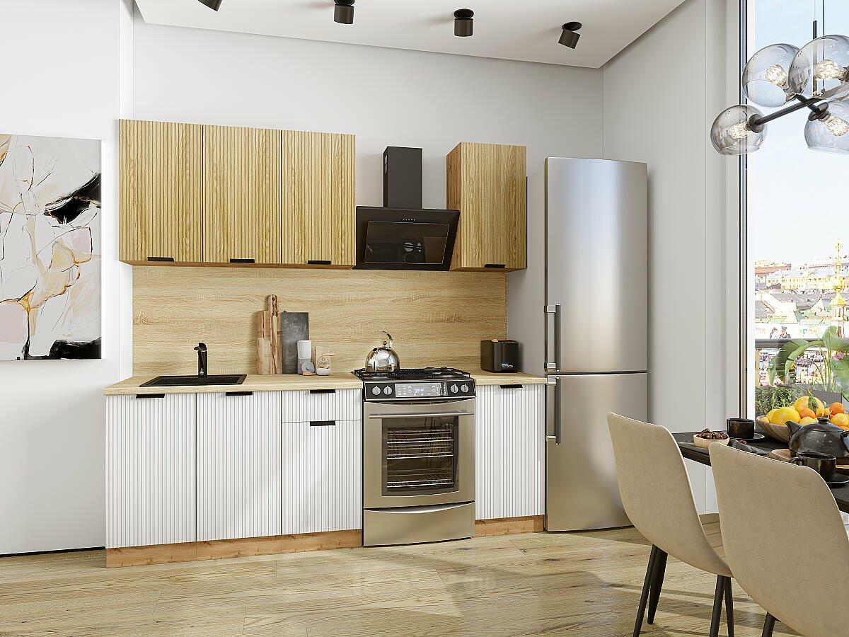 Модульный кухонный гарнитур Евро Дуб песочный, Белый/Дуб Вотан 2140x1400x600