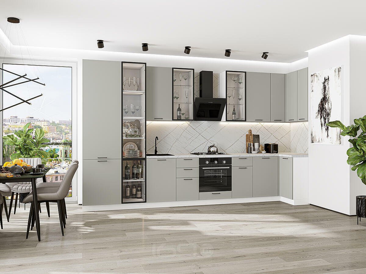 Модульный кухонный гарнитур Light Grey In 2S/Белый 2340x4000/1000x600 Полки стекло