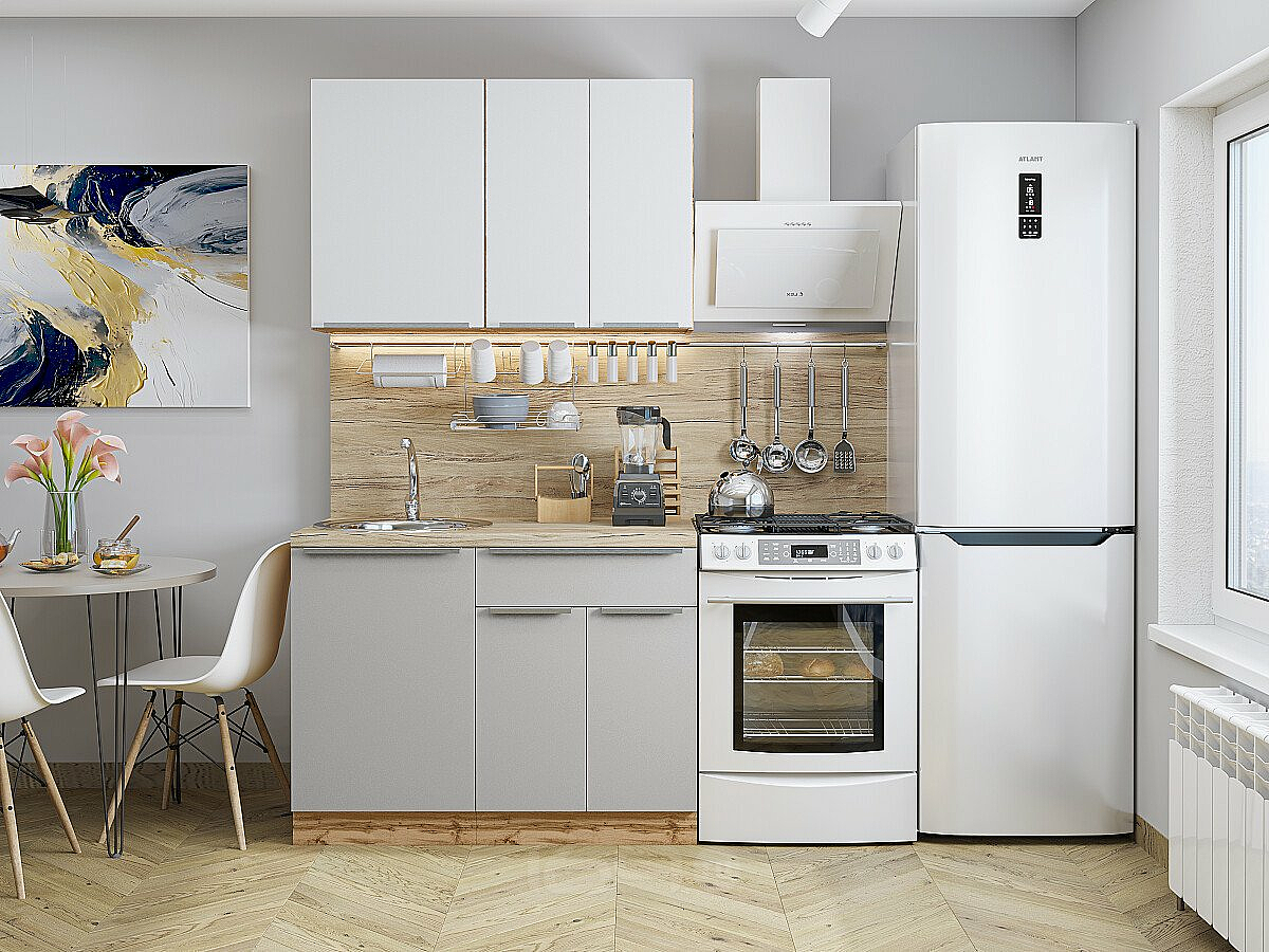 Модульный кухонный гарнитур Фьюжн-05 Silky Light Grey, Silky White/Дуб Вотан 2140x1100x600