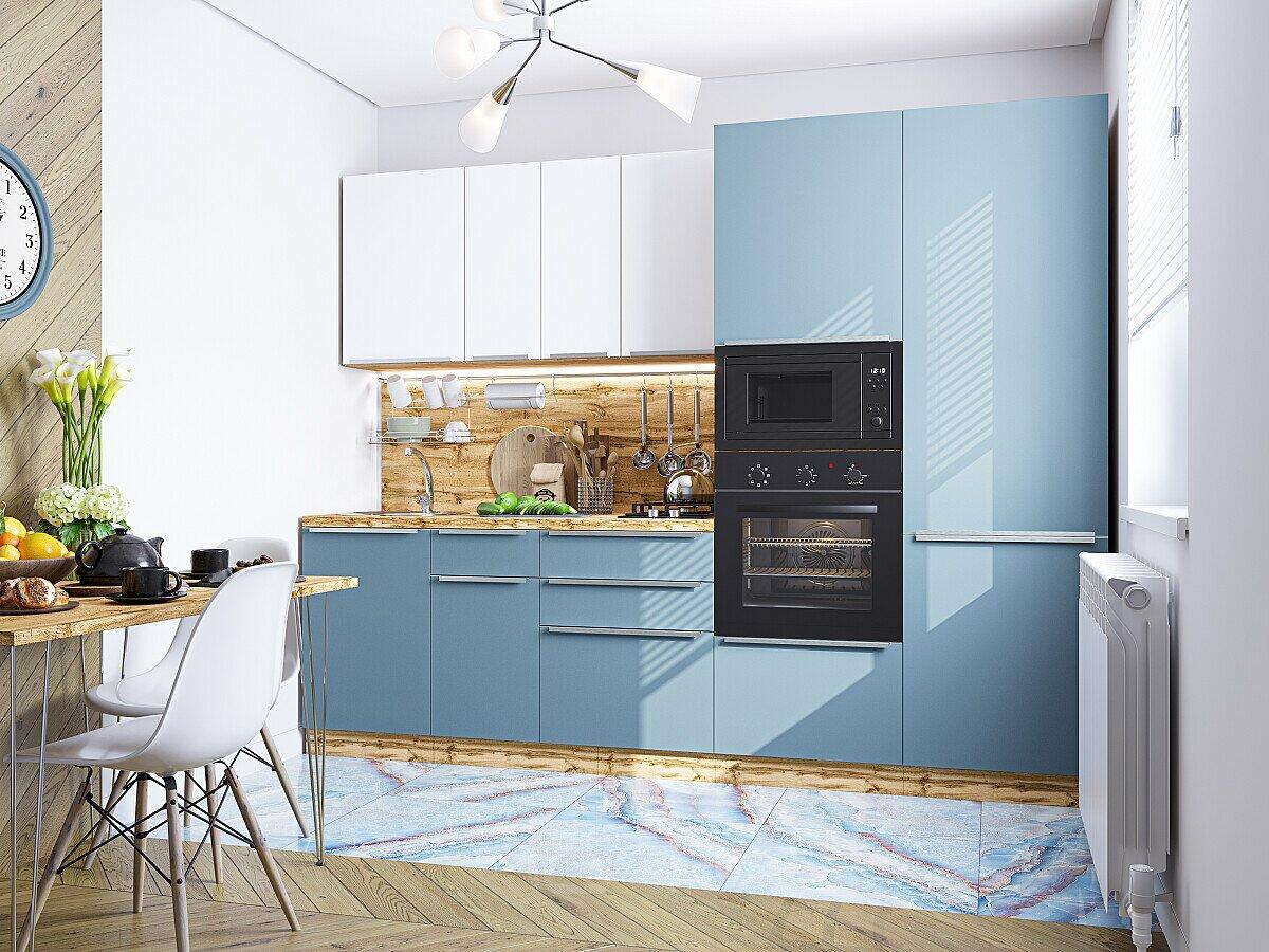 Модульный кухонный гарнитур Фьюжн-07 Silky Blue, Silky White/Дуб Вотан 2140x2700x600