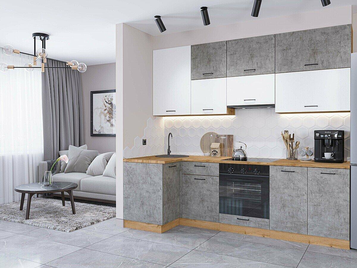 Модульный кухонный гарнитур Флэт-04 Temple Stone 2S, White In 2S/Дуб Вотан 2340x1000/2500x600