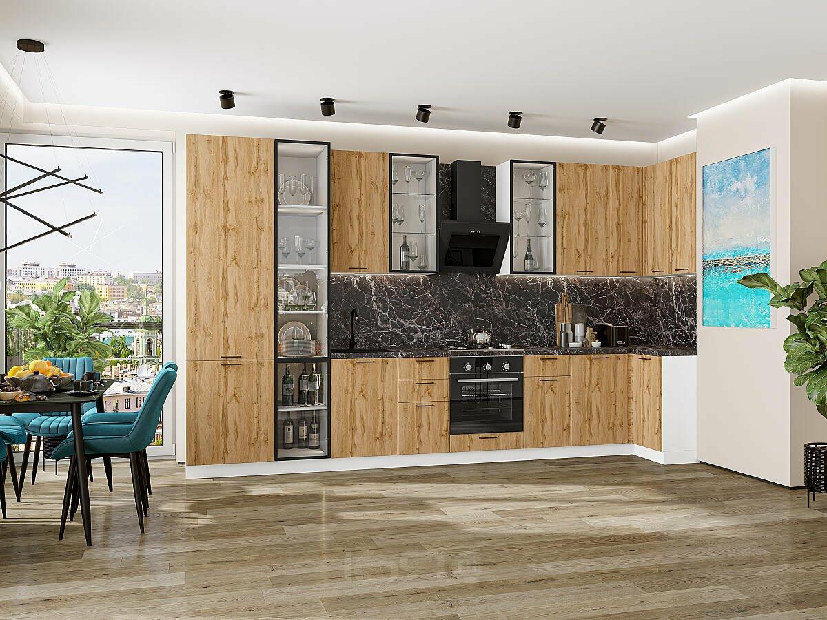 Модульный кухонный гарнитур Wotan Oak 2S/Белый 2340x4000/1000x600 Полки стекло