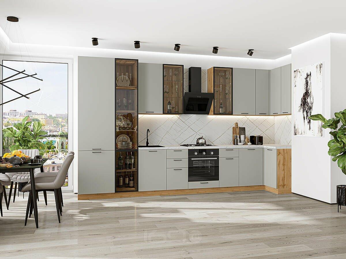 Модульный кухонный гарнитур Light Grey In 2S/Дуб Вотан 2340x4000/1000x600 Полки стекло