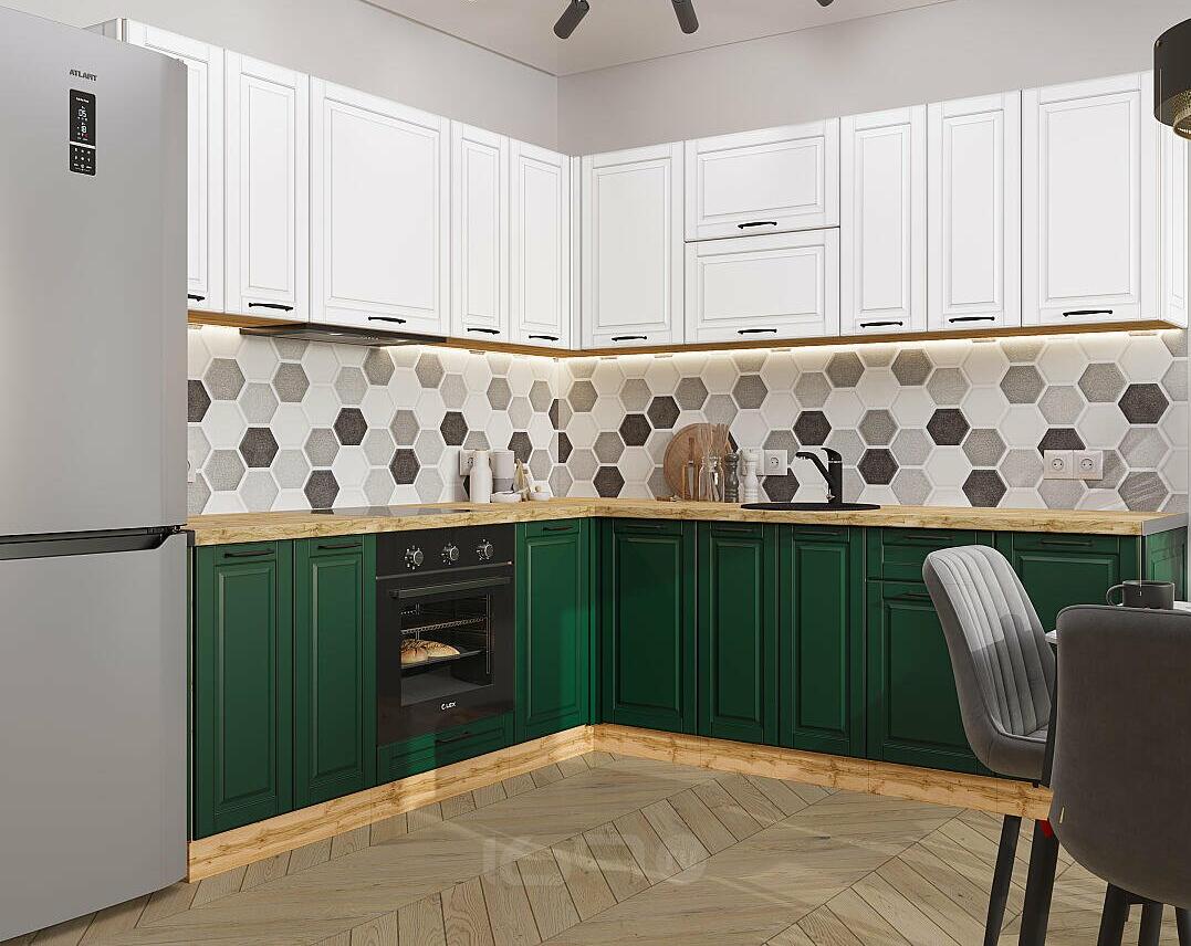 Модульный кухонный гарнитур Дублин-02 Special Green, Special White/Дуб Вотан 2140x2200/2400x600
