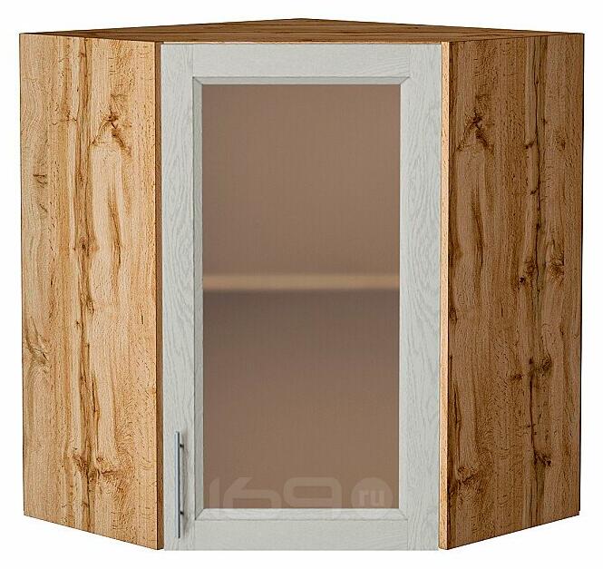 Шкаф верхний угловой остекленный Сканди Cappuccino Softwood Дуб Вотан 716*600*600
