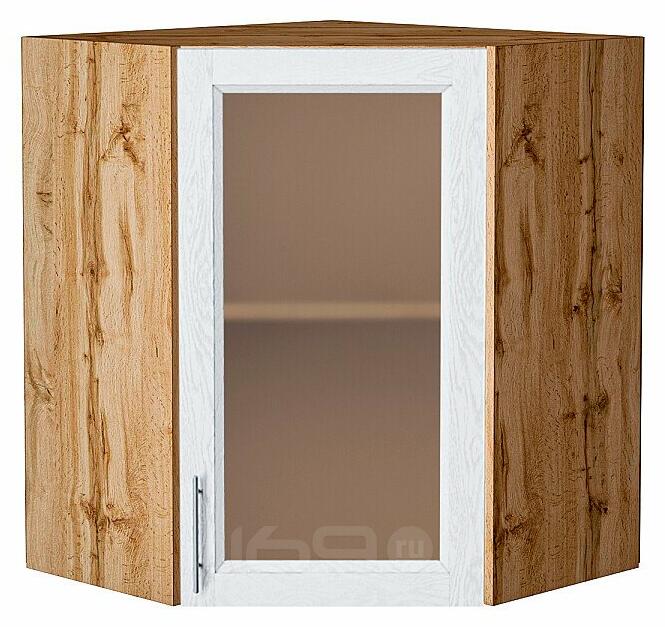 Шкаф верхний угловой остекленный Сканди White Softwood Дуб Вотан 716*600*600