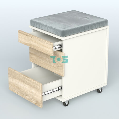 Тумба мобильная 2 ящика + 1 ящик-лоток с подушкой Фламинго, цвет белый + акация + бежевый