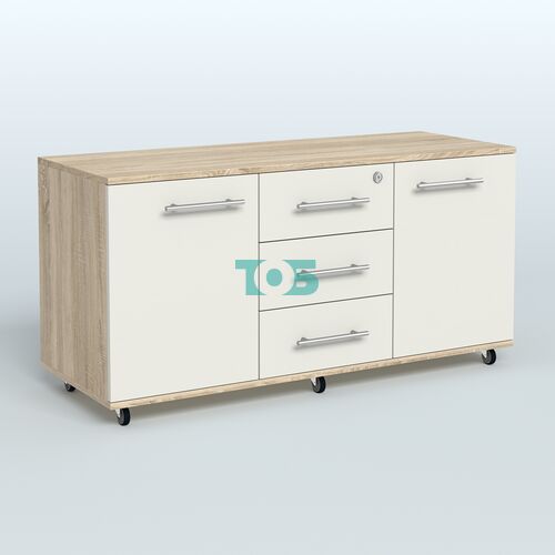 Тумба сервисная с 3 ящиками с замком и 2 фасадами Индиго Вуд, цвет дуб темный + белый