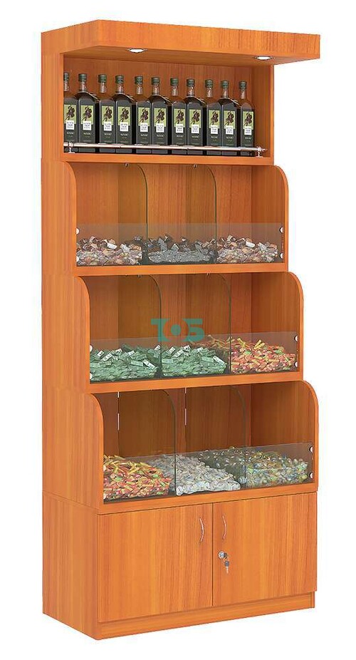 Торговый высокий стеллаж для продажи конфет и орехов с распашными дверками и антресолью NUT №2-Т-25