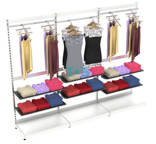 Торговая пристенная система серии METAL для одежды с поручнями и полками ДСП без задней стенки шириной 3000 мм №6