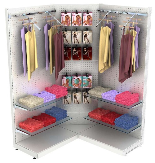 Торговая пристенная угловая система серии METAL для одежды с пристенными поручнями и полками из прозрачного стекла с задней стенкой №8