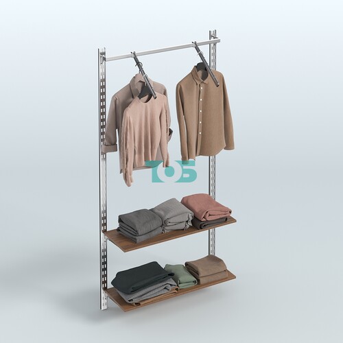Настенная система для торговли одеждой METAL с пристенным поручнем и полками ДСП без задней стенки шириной 1000 мм №11