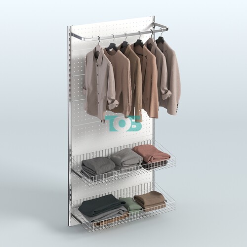 Настенная система для торговли одеждой METAL с задней стенкой, пристенным поручнем и корзинами шириной 1000 мм №5